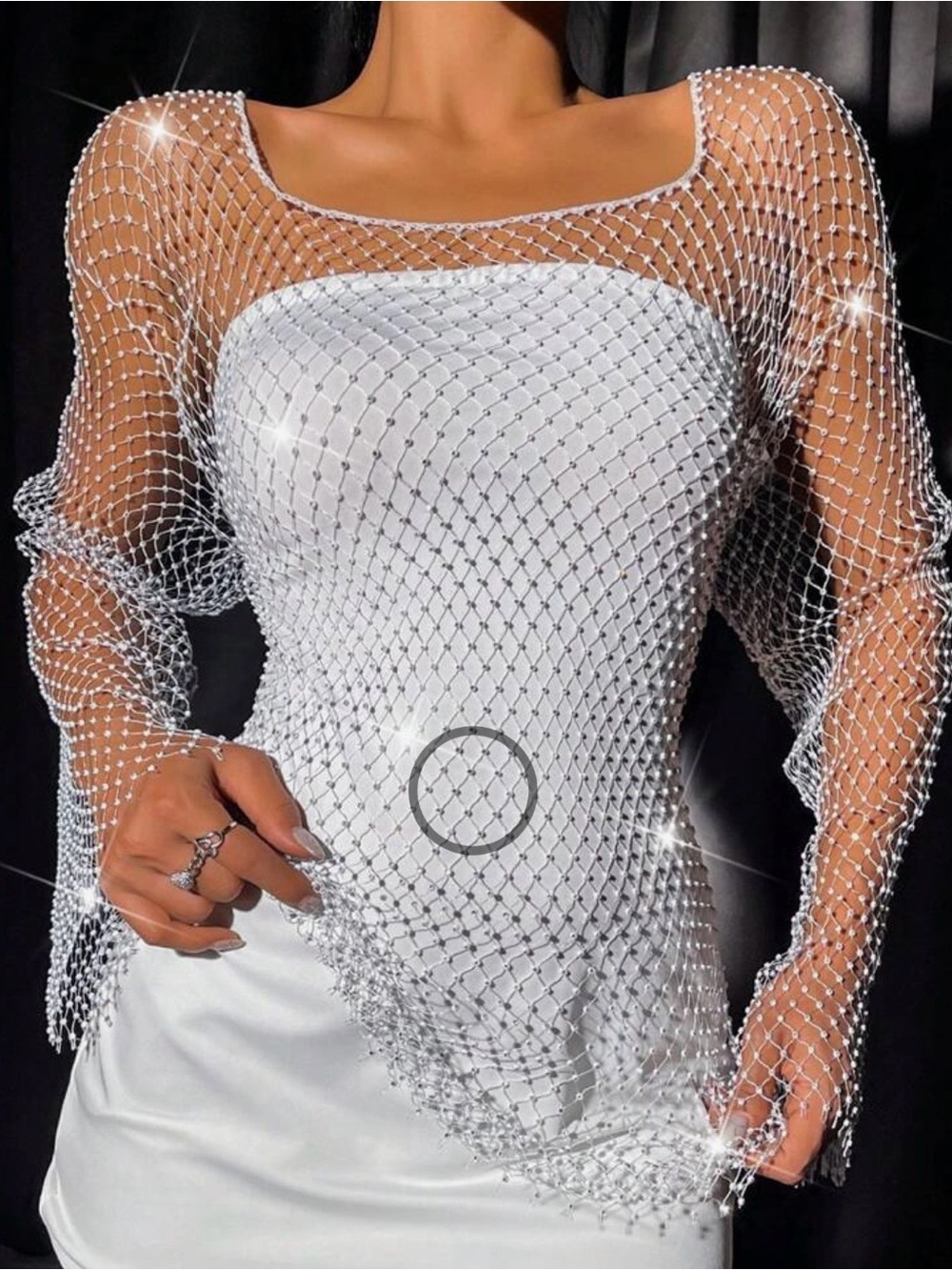 🌸S150 - Crystal Mesh Overlay Top in White💎⚪️🛍️